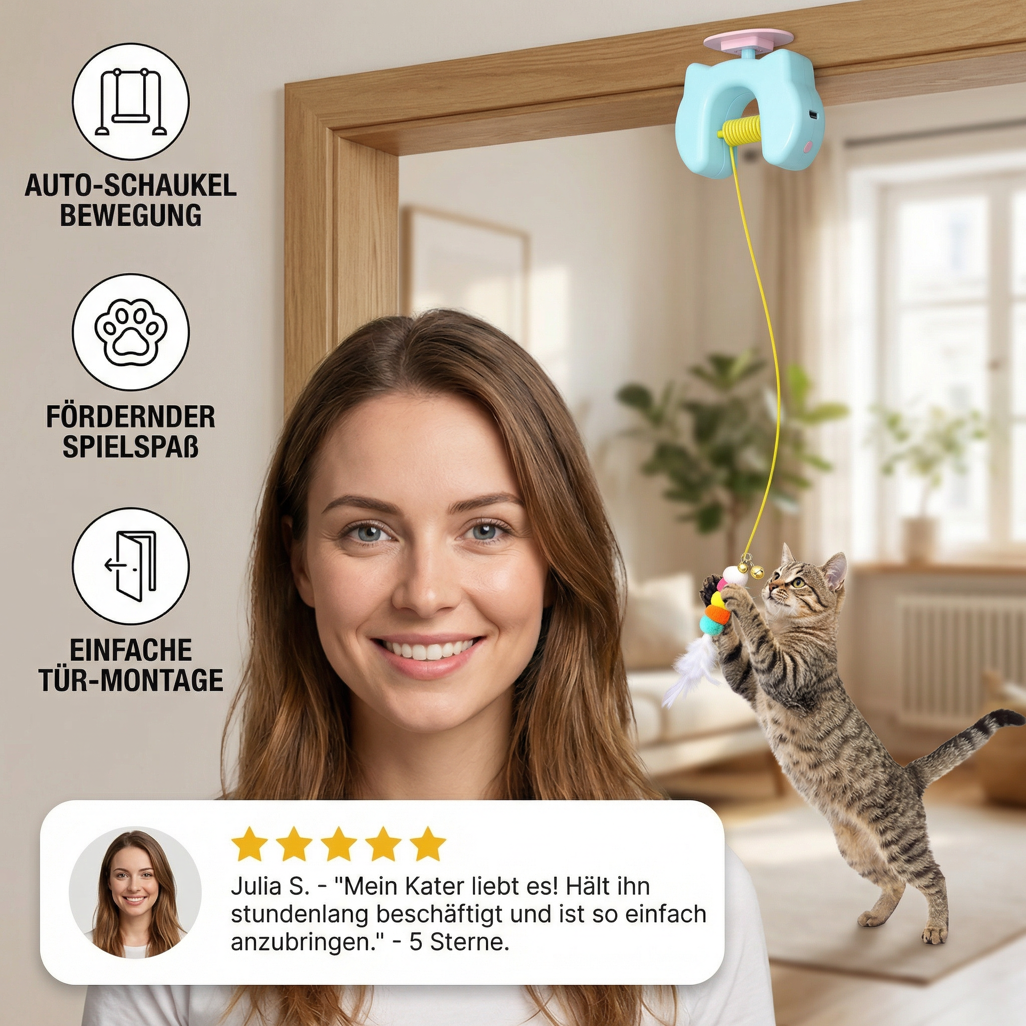 Interaktives Katzen-Spielzeug mit Feder & Auto-Schaukel – Elektrisches Tür-Hängespiel für Katzen