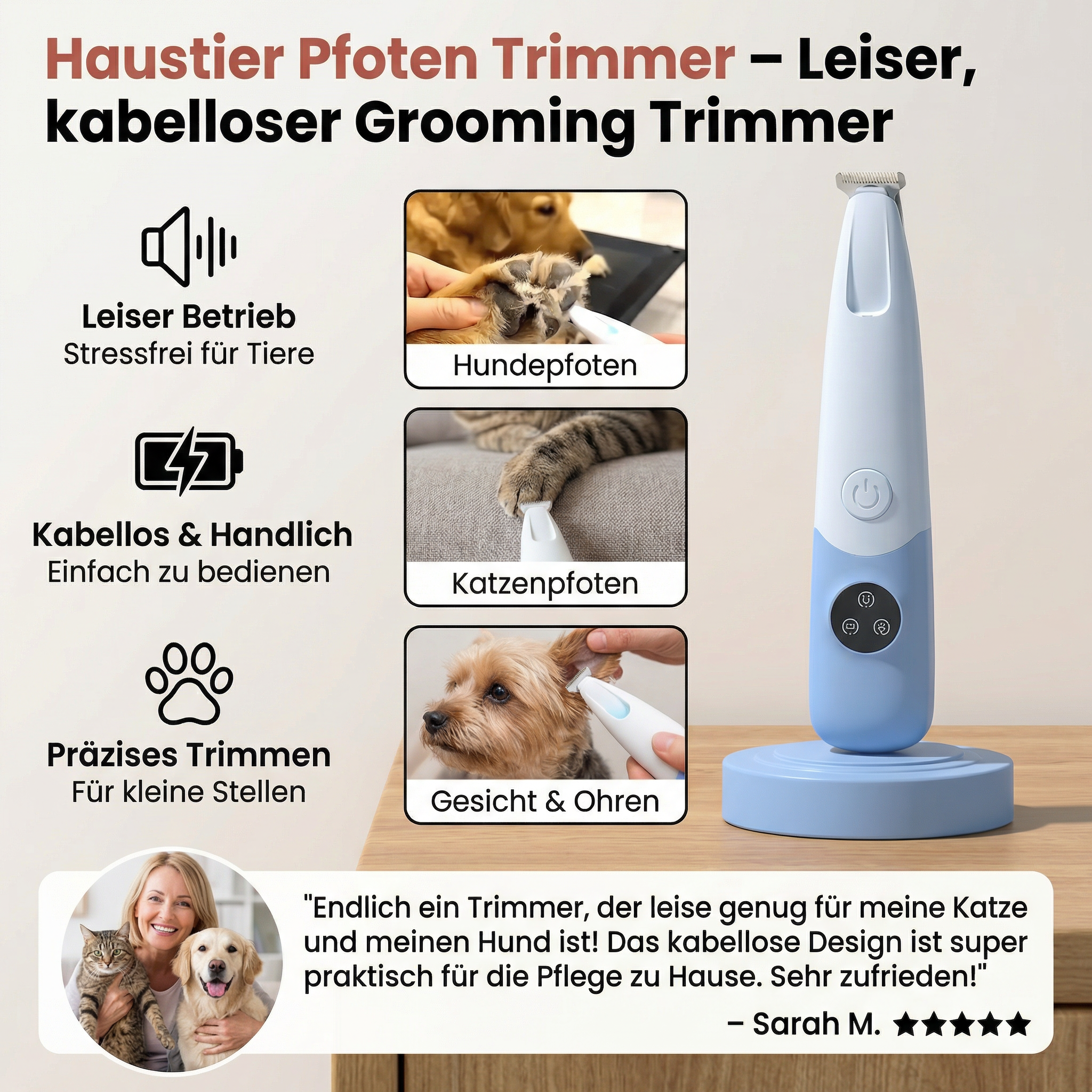 Haustier Pfoten Trimmer – Leiser, kabelloser Grooming Trimmer für Hunde & Katzen