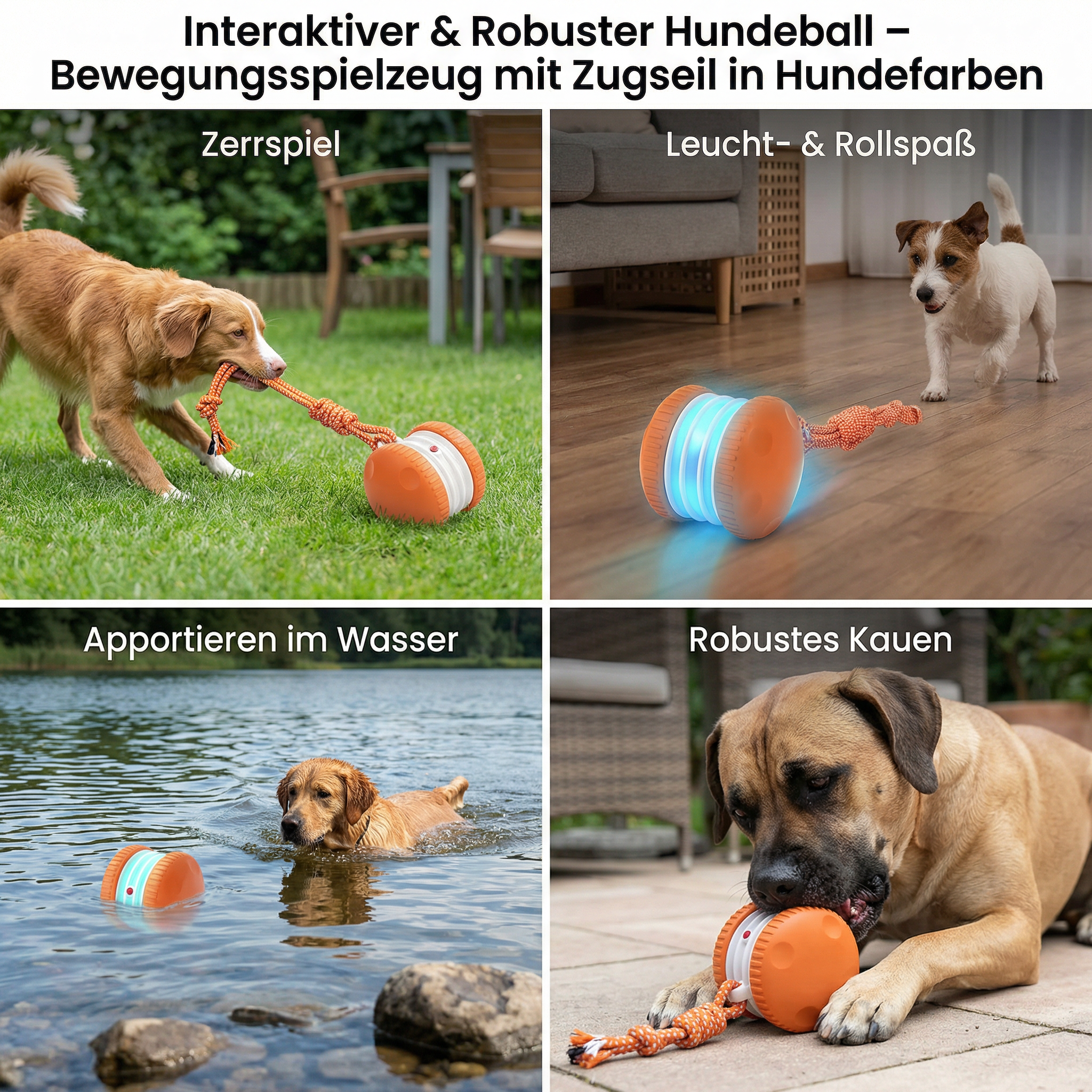 Interaktiver & Robuster Hundeball – Bewegungsspielzeug mit Zugseil in Hundefarben
