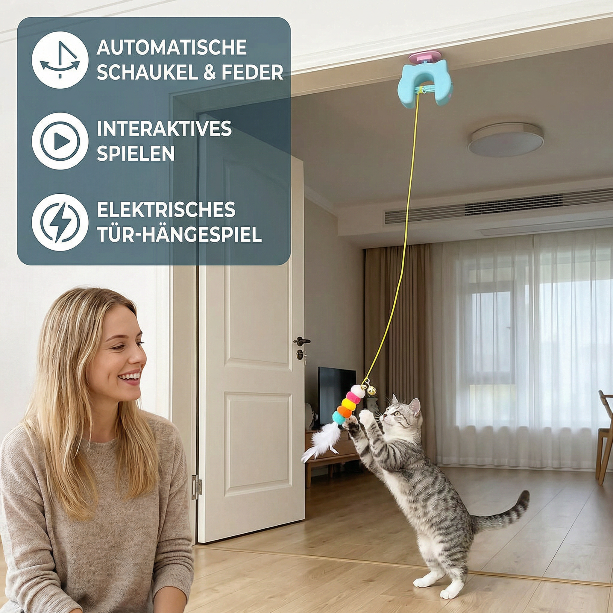 Interaktives Katzen-Spielzeug mit Feder & Auto-Schaukel – Elektrisches Tür-Hängespiel für Katzen